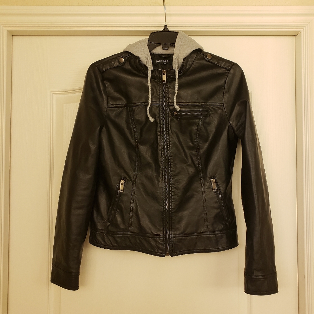 NWOT Hooded Faux Leather Jacket by New Look. Juniors Large.